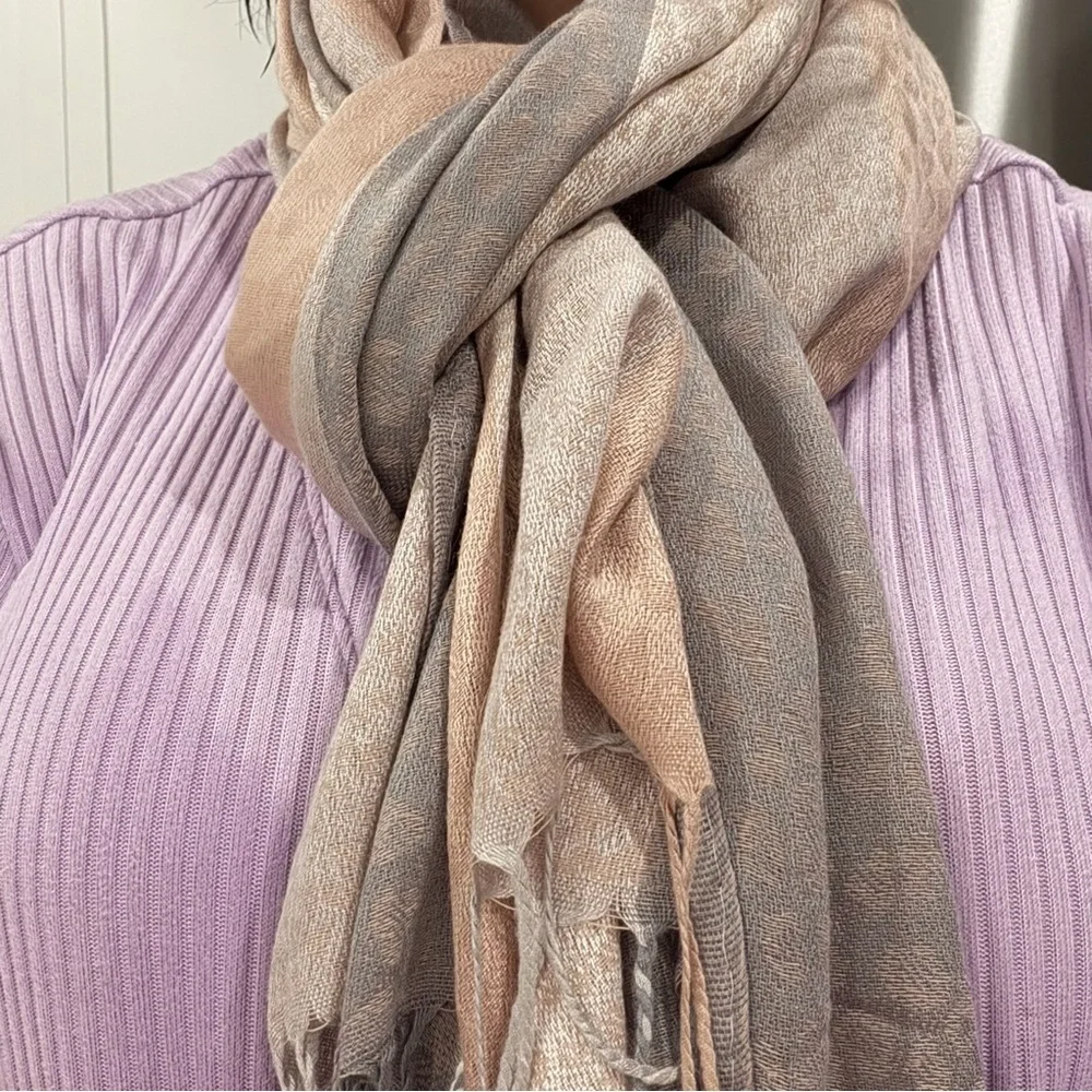 Striped Fringe Scarf in Taupe, Beige & Gray